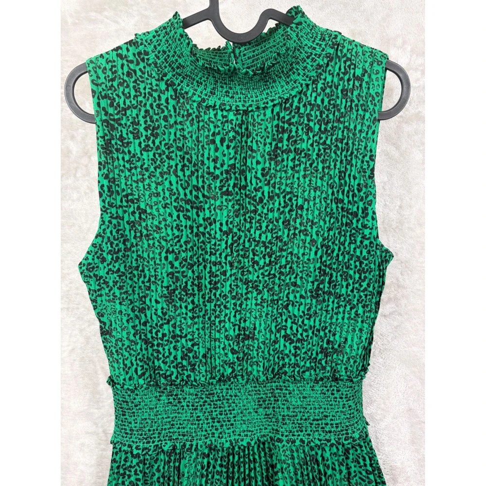 Nanette Lepore Green Leopard Print Pleated Mock Neck Smocked Midi Dress Size 12 - Picture 9 of 14